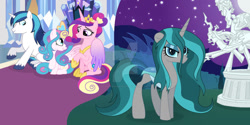 Size: 1024x513 | Tagged: safe, artist:velveagicsentryyt, imported from derpibooru, cozy glow, lord tirek, opaline arcana, princess cadance, princess flurry heart, queen chrysalis, shining armor, oc, changepony, hybrid, pony, spoiler:g5, spoiler:my little pony: make your mark, deviantart watermark, g5, interspecies offspring, legion of doom statue, obtrusive watermark, offspring, older, parent:queen chrysalis, parent:shining armor, parents:shining chrysalis, statue, watermark