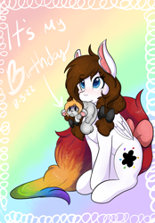 Size: 1423x2048 | Tagged: safe, artist:mscolorsplash, imported from derpibooru, oc, oc only, oc:color splash, pegasus, pony, blushing, duo, female, happy birthday, mare, non-mlp oc, open mouth, scruff, sitting