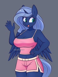 Size: 1246x1650 | Tagged: safe, artist:handgunboi, imported from derpibooru, princess luna, alicorn, anthro, adorasexy, belly button, breasts, busty princess luna, cleavage, clothes, cute, eyebrows, eyebrows visible through hair, female, gray background, horn, looking at you, mare, open mouth, open smile, sexy, shorts, sideboob, simple background, smiling, smiling at you, solo, spread wings, tail, tanktop, wings