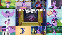 Size: 1972x1109 | Tagged: safe, edit, edited screencap, editor:quoterific, imported from derpibooru, screencap, amethyst star, bruce mane, carrot top, derpy hooves, drizzle, eclair créme, fine line, golden harvest, jangles, lemon hearts, lemony gem, maxie, north star, orange blossom, orion, parasol, perfect pace, prim posy, sea swirl, seafoam, shooting star (character), sparkler, spring melody, sprinkle medley, twilight sparkle, alicorn, bird, earth pony, pegasus, pony, unicorn, a trivial pursuit, equestria games (episode), hearts and hooves day (episode), lesson zero, luna eclipsed, made in manehattan, magic duel, non-compete clause, princess twilight sparkle (episode), season 1, season 2, season 3, season 4, season 5, season 6, season 8, season 9, the best night ever, top bolt, twilight's kingdom, winter wrap up, spoiler:s08, spoiler:s09, 2022, adorkable, book, clothes, crown, cute, dork, dress, eyes closed, female, floppy ears, gala dress, grin, insanity, jewelry, magic, male, mare, messy hair, open mouth, open smile, pinpoint eyes, regalia, school of friendship, smiling, spread wings, stallion, star swirl the bearded costume, starry eyes, telekinesis, text, twiabetes, twilight snapple, twilight sparkle (alicorn), twilight sparkle day, twilight's castle, unicorn twilight, wingding eyes, wings