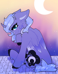 Size: 912x1163 | Tagged: safe, artist:man;, imported from derpibooru, princess luna, alicorn, pony, black hooves, blaze (coat marking), chest fluff, coat markings, colored eyebrows, colored hooves, colored pinnae, colored wings, cute, facial markings, female, gradient wings, leg fluff, looking at you, looking back, looking back at you, mare, moon, pale belly, puzzle, s1 luna, sitting, smiling, smiling at you, solo, stars, sunset