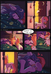 Size: 1170x1697 | Tagged: safe, artist:rament, imported from derpibooru, oc, oc:sophie hoofington, oc:star silk, earth pony, pegasus, bed, bedroom, cheek kiss, comic, female, i love you, kissing, love, magic, mare, plushie, sleeping, sneaking