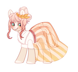 Size: 1280x1173 | Tagged: safe, artist:kusacakusaet, imported from derpibooru, oc, oc only, earth pony, pony, clothes, deviantart watermark, dress, earth pony oc, grin, laurel wreath, obtrusive watermark, simple background, smiling, solo, watermark, white background