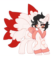 Size: 1280x1327 | Tagged: safe, artist:kusacakusaet, imported from derpibooru, oc, oc only, original species, pony, clothes, deviantart watermark, ear fluff, kimono (clothing), kitsune, kitsune pony, looking back, multiple tails, obtrusive watermark, simple background, solo, tail, watermark, white background