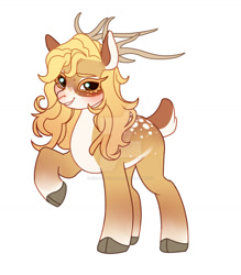 Size: 1280x1464 | Tagged: safe, artist:kusacakusaet, imported from derpibooru, oc, oc only, deer, pony, antlers, blushing, cloven hooves, deer oc, deviantart watermark, non-pony oc, obtrusive watermark, raised hoof, simple background, solo, watermark, white background