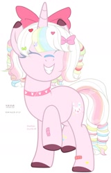 Size: 1280x1996 | Tagged: safe, artist:hoochuu, imported from derpibooru, oc, oc only, pony, unicorn, base used, bow, choker, commission, eyes closed, female, grin, hair bow, hoof polish, horn, mare, raised hoof, simple background, smiling, solo, spiked choker, unicorn oc, white background, ych result