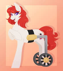 Size: 1547x1748 | Tagged: safe, artist:purplegrim40, imported from derpibooru, oc, oc only, earth pony, pony, abstract background, earth pony oc, female, mare, raised hoof, smiling, solo, wheelchair