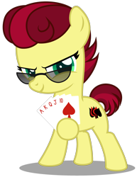 Size: 2590x3350 | Tagged: safe, artist:strategypony, imported from derpibooru, oc, oc only, oc:aces high, earth pony, pony, accessory, ace of spades, card, earth pony oc, female, filly, foal, glasses, high res, hoof hold, looking at you, missing accessory, playing card, poker, shadow, simple background, smiling, smiling at you, smirk, solo, transparent background