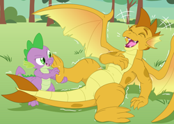 Size: 4200x3000 | Tagged: safe, artist:yipthecoyotepup, imported from derpibooru, spike, oc, oc:topaz, dragon, belly, dragon oc, duo, evil grin, eyebrows, eyes closed, feet, foot tickling, grin, high res, laughing, lying, male, non-pony oc, open mouth, open smile, paws, smiling, spread wings, tickling, wings