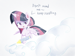 Size: 2224x1668 | Tagged: safe, artist:pitybug, imported from derpibooru, twilight sparkle, alicorn, pony, my little pony: pony life, sick day, cloud, dialogue, female, fogging, g4.5, hand sanitizer, looking at you, mare, solo, syringe, twilight sparkle (alicorn)