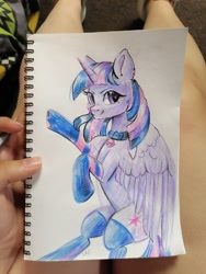 Size: 1200x1600 | Tagged: safe, artist:ske, imported from derpibooru, twilight sparkle, alicorn, pony, bell, bell collar, clothes, collar, sketch, socks, solo, striped socks, traditional art, twilight sparkle (alicorn)