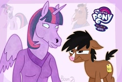 Size: 2000x1333 | Tagged: safe, artist:bloomhorse, artist:bloommoonbeam, imported from derpibooru, twilight sparkle, alicorn, anthro, earth pony, horse, pony, angry, bojack horseman, crossover, duo, grumpy, hoers, horn, logo, looking at each other, looking at someone, ponified, role reversal, style comparison, style emulation, twilight sparkle (alicorn), wings