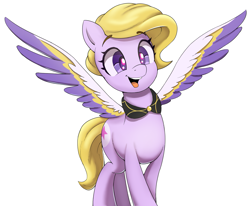 Size: 1453x1200 | Tagged: safe, artist:ahobobo, imported from derpibooru, pegasus, pony, collar, colored wings, cute, dazzle feather, female, g5, happy, mare, multicolored wings, open mouth, open smile, simple background, smiling, solo, spread wings, white background, wings