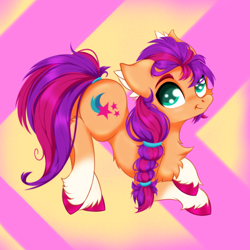 Size: 2500x2500 | Tagged: safe, artist:rurihal, imported from derpibooru, sunny starscout, earth pony, pony, abstract background, braided ponytail, chest fluff, coat markings, cute, ear fluff, female, g5, leg fluff, looking at you, mare, simple background, smiling, socks (coat markings), sunnybetes, unshorn fetlocks