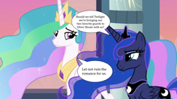 Size: 1280x720 | Tagged: safe, edit, edited screencap, imported from derpibooru, screencap, princess celestia, princess luna, the last problem, implied guardlestia, implied guardluna, misspelling, speech bubble