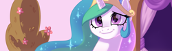 Size: 1473x443 | Tagged: safe, artist:lummh, artist:regendary, imported from derpibooru, princess celestia, alicorn, pony, comic:the princess of love, bust, crown, cute, cutelestia, female, jewelry, looking at you, mare, portrait, regalia, smiling, smiling at you, solo