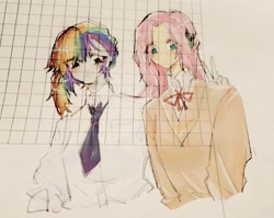 Size: 1781x1419 | Tagged: safe, artist:fyosisui4444, imported from derpibooru, fluttershy, rainbow dash, human, equestria girls, clothes, duo, duo female, eye clipping through hair, female, flutterdash, graph paper, lesbian, looking at you, necktie, peace sign, shipping, traditional art