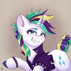 Size: 1968x1968 | Tagged: safe, artist:galaxy swirl, imported from derpibooru, rarity, pony, unicorn, it isn't the mane thing about you, alternate hairstyle, bedroom eyes, blushing, bracelet, clothes, ear fluff, female, grin, heart, heart eyes, jewelry, looking at you, mare, punk, raripunk, smiling, solo, unshorn fetlocks, vest, wingding eyes