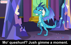 Size: 1920x1215 | Tagged: safe, edit, edited screencap, imported from derpibooru, screencap, princess ember, dragon, comic:celestia's servant interview, triple threat, bipedal, caption, cs captions, eating, female, puffy cheeks, solo, standing, text, twilight's castle