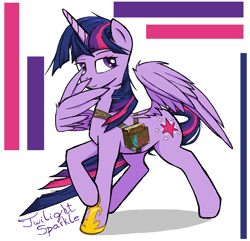 Size: 1230x1186 | Tagged: safe, artist:sallycars, imported from derpibooru, twilight sparkle, alicorn, pony, bag, book, female, implied sunny starscout, legitimately amazing mspaint, looking at you, mare, ms paint, peace sign, saddle bag, simple background, solo, twilight sparkle (alicorn), white background, wing hands, wings