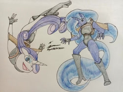 Size: 600x450 | Tagged: safe, artist:gameoverlord23, imported from derpibooru, princess luna, rarity, anthro, ass, butt, clothes, duo, duo female, female, flying, jetpack, leotard, traditional art