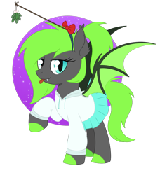 Size: 1545x1626 | Tagged: safe, artist:dyonys, imported from derpibooru, oc, oc only, oc:daisy_(ponytown), bat pony, bat wings, bow, clothes, cloven hooves, fangs, female, green hair, green tail, hair bow, hairband, hoodie, mare, mistletoe, raised hoof, simple background, skirt, spread wings, stick, tail, tongue out, transparent background, white background, wings