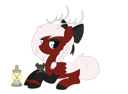 Size: 2048x1510 | Tagged: safe, artist:dyonys, imported from derpibooru, oc, oc:amy_(ponytown), original species, pegasus, antlers, bow, braid, colored wings, eyeshadow, female, hair bow, lantern, lying down, makeup, mare, plushie, prone, simple background, tail, teddy bear, transparent background, white hair, white tail, wings