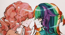 Size: 1052x572 | Tagged: safe, artist:fyosisui4444, imported from derpibooru, pinkie pie, rainbow dash, human, equestria girls, bust, clothes, duo, duo female, eye clipping through hair, female, lesbian, looking at each other, looking at someone, pinkiedash, portrait, shipping, simple background, smiling