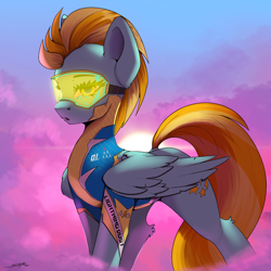 Size: 2048x2048 | Tagged: safe, artist:skitsroom, imported from derpibooru, lightning dust, pegasus, pony, wonderbolts academy, clothes, ear fluff, eyebrows, female, goggles, high res, leg fluff, mare, open mouth, signature, solo, tail, uniform, wings, wonderbolt trainee uniform