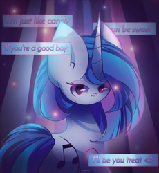 Size: 2250x2450 | Tagged: safe, artist:miryelis, imported from derpibooru, dj pon-3, vinyl scratch, pony, unicorn, big ears, looking at you, simple background, smiling, smiling at you, solo, song, text, turned head