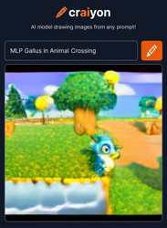 Size: 1162x1588 | Tagged: safe, imported from derpibooru, gallus, griffon, ai content, ai generated, animal crossing, cloud, generator:craiyon, river, solo, sun, tree, water