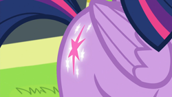 Size: 1920x1080 | Tagged: safe, imported from derpibooru, screencap, twilight sparkle, alicorn, pony, season 6, top bolt, 1080p, butt, butt focus, cutie mark, female, folded wings, glowing, glowing cutie mark, mare, plot, solo, tail, twilight sparkle (alicorn), wings
