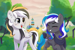Size: 4200x2825 | Tagged: safe, artist:always inspired by flying, imported from derpibooru, oc, oc only, oc:flaming dune, oc:storm cloud river's, pegasus, pony, best friends, blushing, bow, castle, clothes, cute, duo, duo female, eyes closed, female, folded wings, freckles, full body, grass, heterochromia, looking at each other, looking at someone, mare, multicolored mane, multicolored tail, open mouth, open smile, pegasus oc, scarf, side by side, smiling, smiling at each other, tail, tail bow, tower, tree, walking, wings