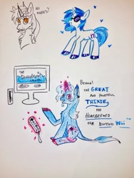 Size: 640x853 | Tagged: safe, artist:ratmonsterz, imported from derpibooru, dj pon-3, lyra heartstrings, trixie, vinyl scratch, pony, unicorn, chest fluff, dialogue, traditional art, wii