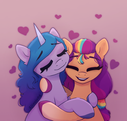 Size: 1950x1860 | Tagged: safe, artist:_alixxie_, imported from derpibooru, izzy moonbow, sunny starscout, earth pony, pony, unicorn, coat markings, cute, duo, duo female, female, g5, gradient background, heart, hug, izzybetes, izzyscout, lesbian, mare, shipping, socks (coat markings), sunnybetes