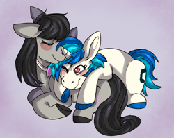Size: 2000x1594 | Tagged: safe, artist:cinnamonsparx, imported from derpibooru, dj pon-3, octavia melody, vinyl scratch, earth pony, pony, unicorn, cloven hooves, eyes closed, female, lesbian, lying down, one eye closed, prone, scratchtavia, shipping, simple background, smiling