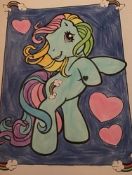 Size: 2448x3264 | Tagged: safe, artist:maddiedraws5678, imported from derpibooru, rainbow dash (g3), earth pony, pony, bipedal, blue background, colored, coloring page, cute, female, g3, g3 dashabetes, heart, hoof heart, mare, rainbow, rearing, simple background, smiling, solo, traditional art
