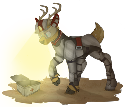 Size: 2700x2300 | Tagged: safe, artist:molars, imported from derpibooru, oc, oc only, deer, fallout equestria, antlers, armor, ashes town, chestplate, cloven hooves, commission, deer oc, fallout equestria oc, fluffy tail, headlamp, helmet, lighting, medkit, non-pony oc, raised eyebrow, simple background, solo, tail, transparent background