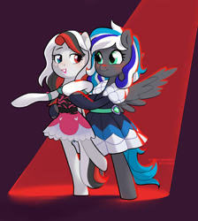 Size: 2600x2900 | Tagged: safe, artist:always inspired by flying, imported from derpibooru, oc, oc only, oc:flaming dune, oc:rebel dragonfury, pegasus, pony, bipedal, blood moon, blushing, clothes, cute, dancing, dress, duo, duo female, female, freckles, full body, green eyes, heterochromia, holding hooves, lesbian, looking at each other, looking at someone, love, mare, moon, multicolored mane, multicolored tail, ocbetes, open mouth, pegasus oc, red background, red light, shipping, simple background, spotlight, spread wings, standing, standing on one leg, tail, wings