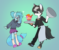 Size: 2620x2215 | Tagged: safe, artist:rexyseven, imported from derpibooru, oc, oc only, oc:whispy slippers, anthro, amputee, clothes, duo, female, food, glasses, ice cream, male, mare, meganekko, miniskirt, prosthetic leg, prosthetic limb, prosthetics, skirt, slippers, socks, stallion, sweater