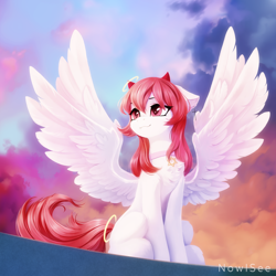Size: 2500x2500 | Tagged: safe, artist:inowiseei, imported from derpibooru, oc, oc only, oc:distant sound, pegasus, pony, chest fluff, commission, cross, ear piercing, earring, female, four wings, halo, horns, jewelry, mare, multiple wings, piercing, sitting, solo, spread wings, star of david, wings