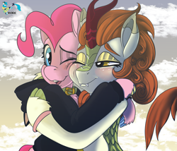 Size: 3500x3000 | Tagged: safe, artist:brainiac, imported from derpibooru, autumn blaze, pinkie pie, earth pony, kirin, pony, abstract background, autumnpie, clothes, collar, cute, fangs, female, hoodie, hug, lesbian, looking at each other, looking at someone, mare, one eye closed, shipping