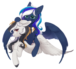 Size: 2521x2266 | Tagged: safe, artist:purrshen, imported from derpibooru, oc, oc only, oc:flaming dune, oc:storm cloud river's, pegasus, pony, biting, bust, clothes, cute, duo, duo female, ear bite, eyeshadow, female, freckles, green eyes, looking at someone, looking at you, makeup, mare, multicolored mane, nom, pegasus oc, profile, scarf, simple background, smiling, smiling at you, spread wings, striped scarf, transparent background, wings