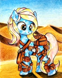 Size: 1630x2048 | Tagged: safe, artist:liaaqila, imported from derpibooru, oc, oc only, oc:sapphire oasis, crystal pony, pony, bag, belt, belts, blonde, commission, crystal pony oc, cute, desert, fanfic art, female, mare, ocbetes, saddle bag, solo