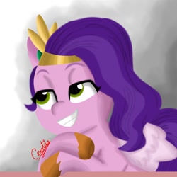 Size: 1280x1280 | Tagged: safe, artist:cjv2004, imported from derpibooru, pipp petals, pegasus, pony, spoiler:g5, spoiler:my little pony: tell your tale, spoiler:tyts01e21, female, g5, grin, headband, high res, jewelry, mare, my bananas, my little pony: a new generation, my little pony: tell your tale, regalia, scene interpretation, smiling, solo