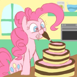 Size: 1500x1500 | Tagged: safe, artist:legendoflink, imported from derpibooru, pinkie pie, earth pony, pony, bowl, cake, chocolate, female, food, happy, heart, heart eyes, indoors, looking at something, mare, mouth hold, oven, solo, window, wingding eyes