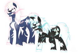 Size: 1280x888 | Tagged: safe, artist:ectttan, imported from derpibooru, kaiju, pony, unicorn, fanfic:the bridge, angry, brothers, burning, crooked horn, fanfic art, godzilla, godzilla (series), godzilla junior, horn, male, multiple horns, ponified, sibling, siblings, simple background, spacegodzilla, stallion, transparent background, tricorn, xenilla