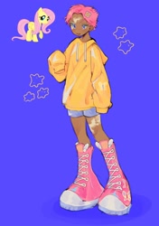 Size: 1440x2048 | Tagged: safe, artist:itakoru, imported from derpibooru, fluttershy, human, pegasus, alternate design, alternate hairstyle, ambiguous gender, big feet, boots, clothes, converse, dark skin, full body, hoodie, humanized, needs more saturation, oversized clothes, oversized hoodie, pink hair, purple background, shoes, short hair, simple background, sneakers, solo, standing, tan skin, vitiligo