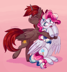 Size: 1724x1876 | Tagged: safe, artist:skysorbett, imported from derpibooru, oc, oc only, oc:hardy, oc:sky sorbet, alicorn, pegasus, pony, alicorn oc, duo, female, full body, horn, hug, male, straight, wings