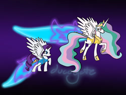 Size: 1280x960 | Tagged: safe, artist:ducoyote, imported from derpibooru, princess celestia, rarity, alicorn, alicornified, clothes, duo, duo female, female, jetpack, leotard, race swap, raricorn